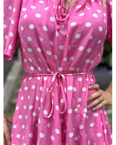 ODILE | Robe à pois rose fuchsia manche courte