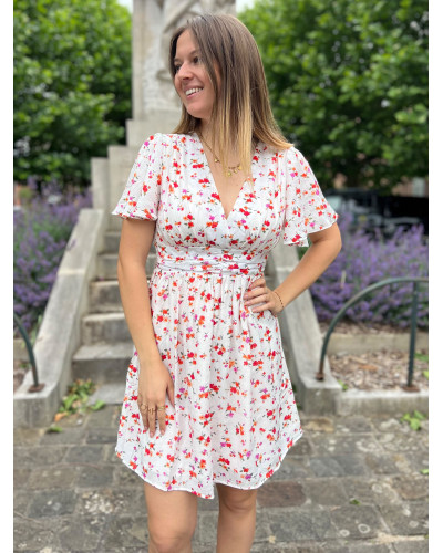 BRIGITTE | Robe blanche fleurie rose et orange manche courte