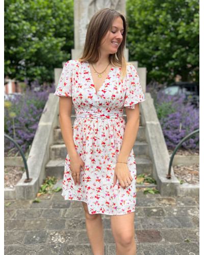 BRIGITTE | Robe blanche fleurie rose et orange manche courte