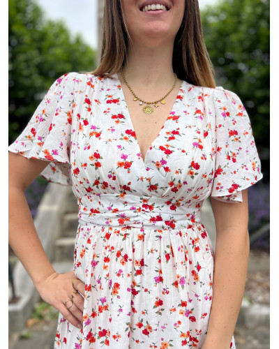BRIGITTE | Robe blanche fleurie rose et orange manche courte