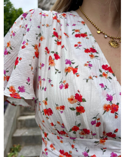 BRIGITTE | Robe blanche fleurie rose et orange manche courte