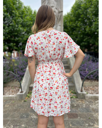 BRIGITTE | Robe blanche fleurie rose et orange manche courte