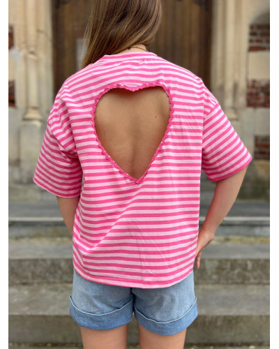 GAUTHIER | Tee-shirt rayé rose fuchsia coeur dans le dos