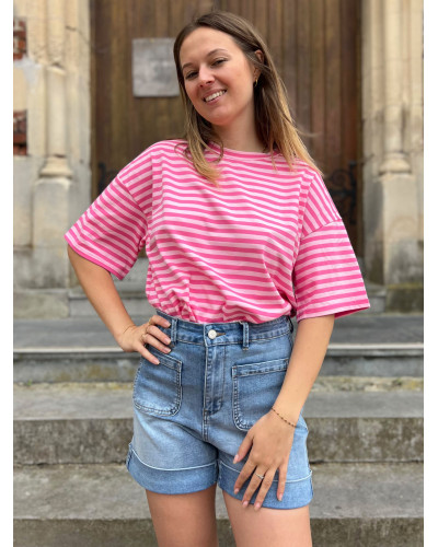 GAUTHIER | Tee-shirt rayé rose fuchsia coeur dans le dos