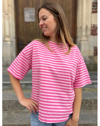 GAUTHIER | Tee-shirt rayé rose fuchsia coeur dans le dos