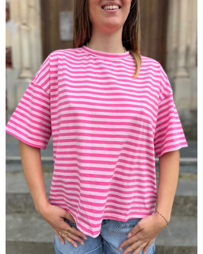 GAUTHIER | Tee-shirt rayé rose fuchsia coeur dans le dos
