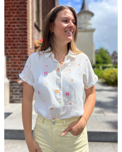 MARCELLE | Chemisette gaze de coton broderie rose et jaune