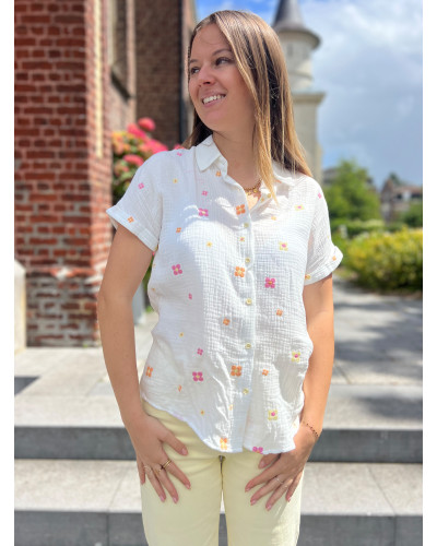MARCELLE | Chemisette gaze de coton broderie rose et jaune