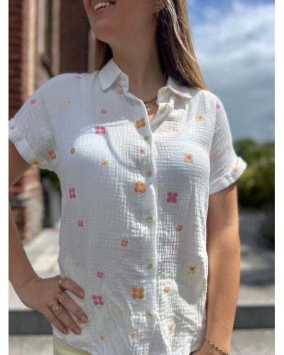 MARCELLE | Chemisette gaze de coton broderie rose et jaune