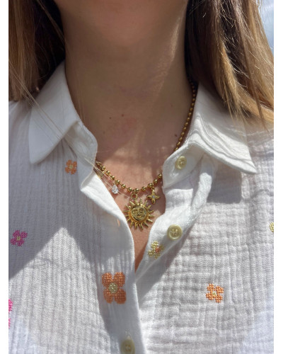 MARCELLE | Chemisette gaze de coton broderie rose et jaune