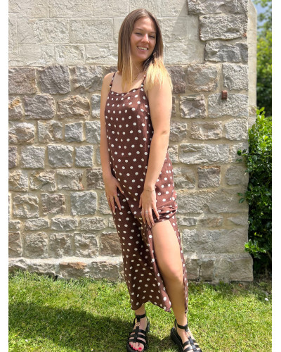 ANNE-LAURE | Robe longue bretelles marron à pois