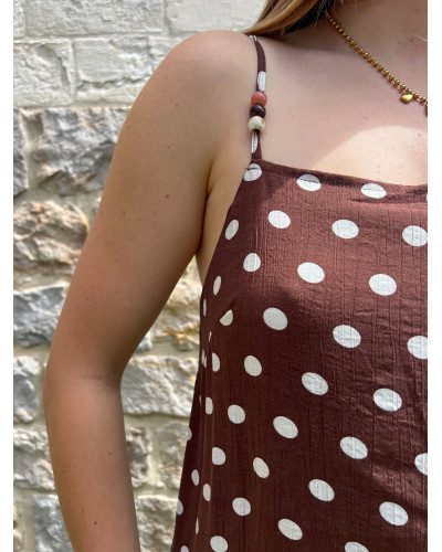 ANNE-LAURE | Robe longue bretelles marron à pois