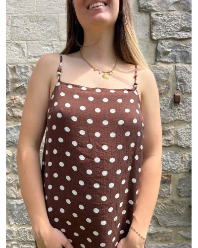 ANNE-LAURE | Robe longue bretelles marron à pois