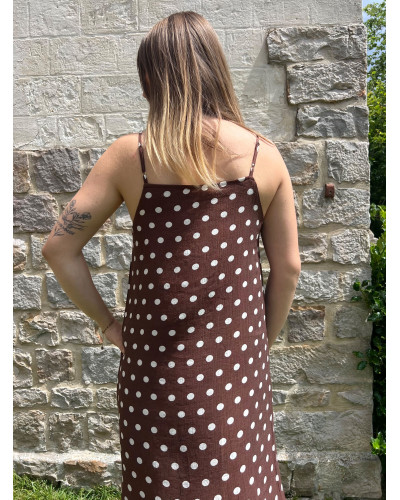 ANNE-LAURE | Robe longue bretelles marron à pois