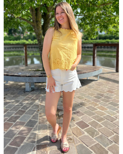 GAETAN | Top jaune effet lin avec broderie