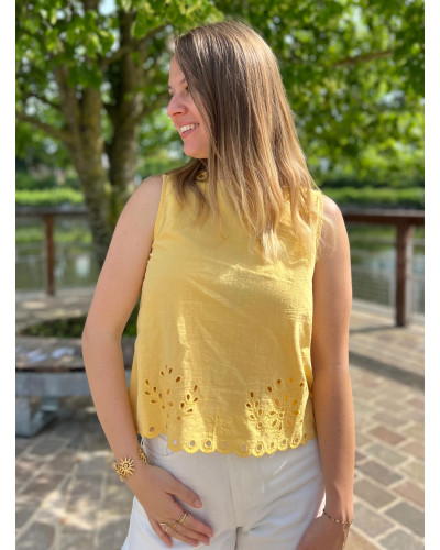 GAETAN | Top jaune effet lin avec broderie