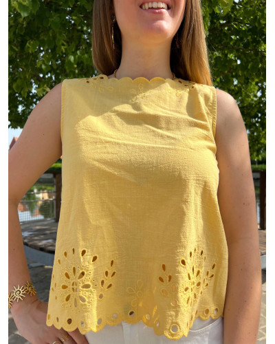 GAETAN | Top jaune effet lin avec broderie