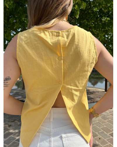 GAETAN | Top jaune effet lin avec broderie