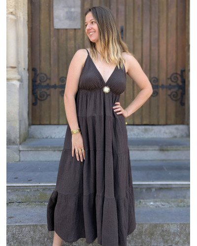 GINETTE | Robe longue choco gaze de coton à bretelles
