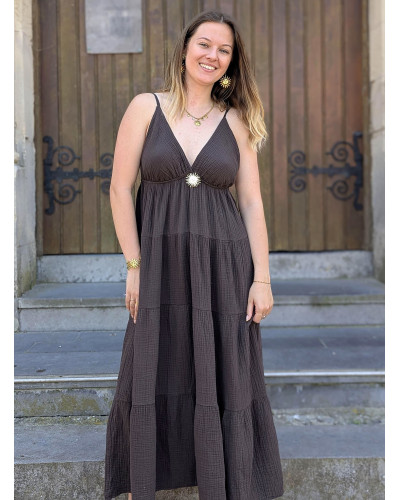 GINETTE | Robe longue choco gaze de coton à bretelles