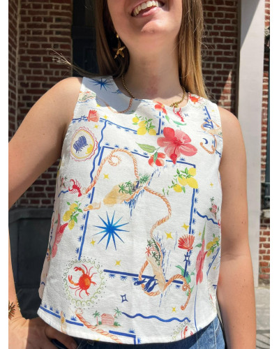 MAXIMILIEN | Top blanc lin motif mer