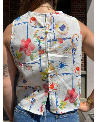 MAXIMILIEN | Top blanc lin motif mer