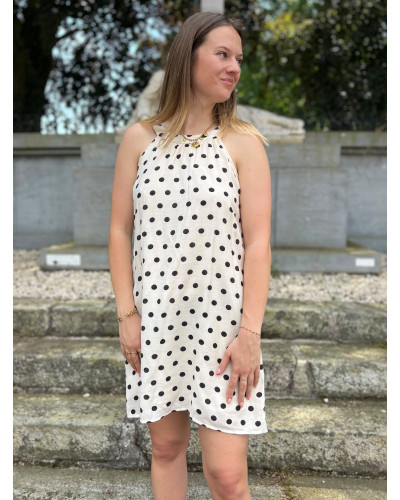 JAIMIE | Robe beige à pois noirs col halter