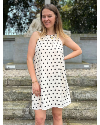 JAIMIE | Robe beige à pois noirs col halter