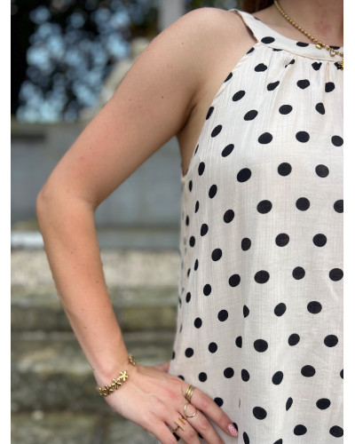 JAIMIE | Robe beige à pois noirs col halter