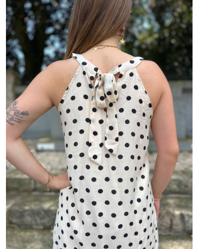 JAIMIE | Robe beige à pois noirs col halter