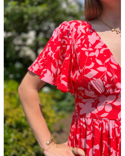 ELIF | Robe fluide rouge motif rose pale manche courte