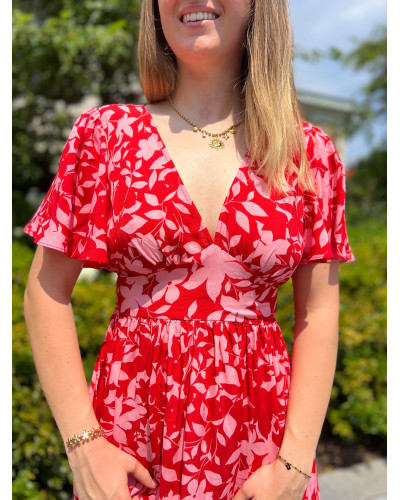 ELIF | Robe fluide rouge motif rose pale manche courte