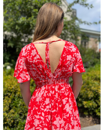 ELIF | Robe fluide rouge motif rose pale manche courte