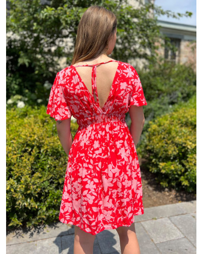 ELIF | Robe fluide rouge motif rose pale manche courte
