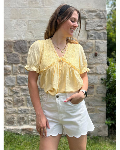 KALI | Blouse jaune beurre péplum avec broderie