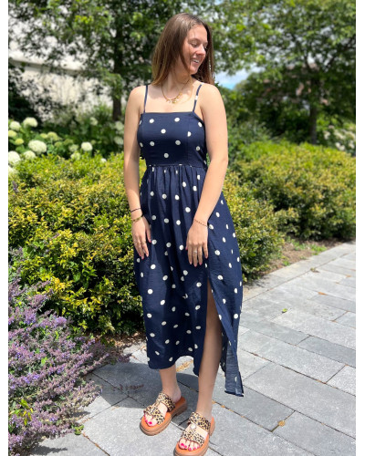 JAYA | Robe longue bleu marine à pois fines bretelles