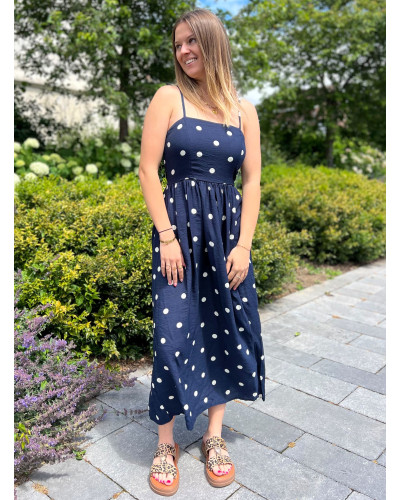 JAYA | Robe longue bleu marine à pois fines bretelles