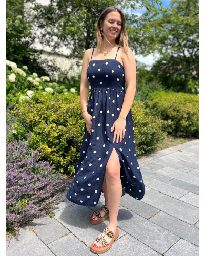 JAYA | Robe longue bleu marine à pois fines bretelles