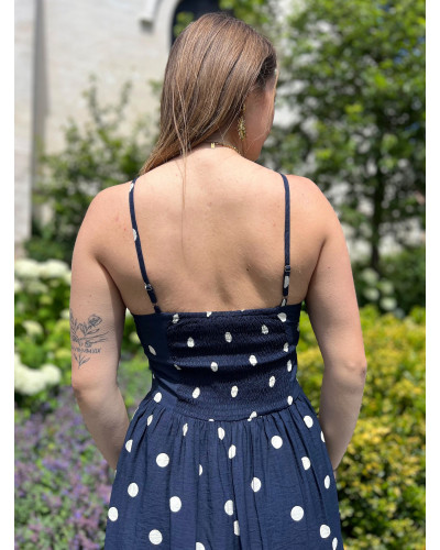 JAYA | Robe longue bleu marine à pois fines bretelles