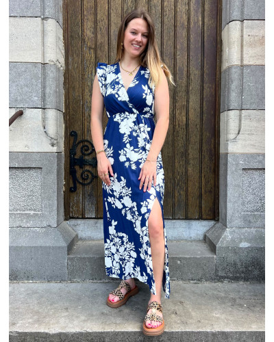 ASYA | Robe longue bleu marine motif blanc