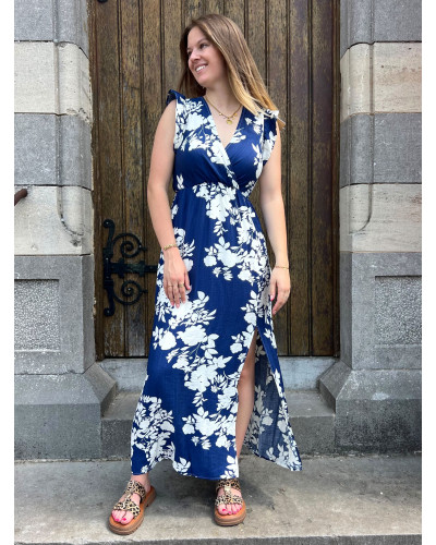 ASYA | Robe longue bleu marine motif blanc