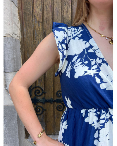 ASYA | Robe longue bleu marine motif blanc