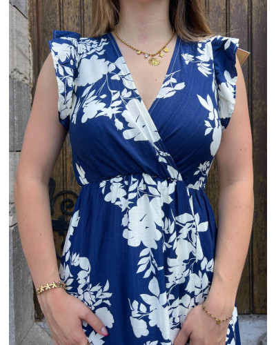 ASYA | Robe longue bleu marine motif blanc