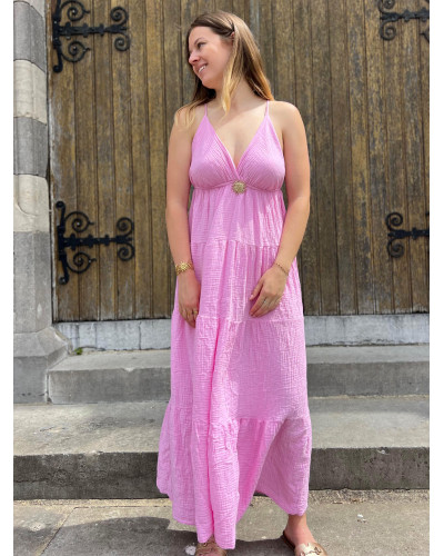 GINETTE | Robe longue rose gaze de coton à bretelles