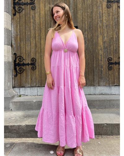 GINETTE | Robe longue rose gaze de coton à bretelles