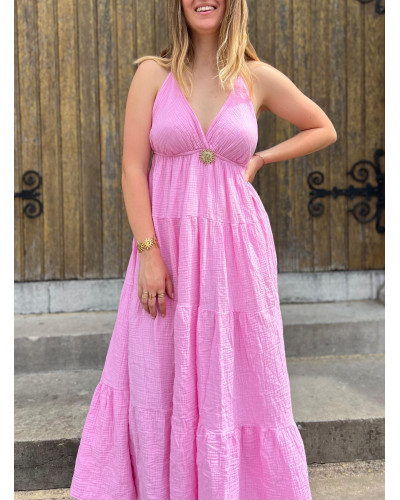GINETTE | Robe longue rose gaze de coton à bretelles