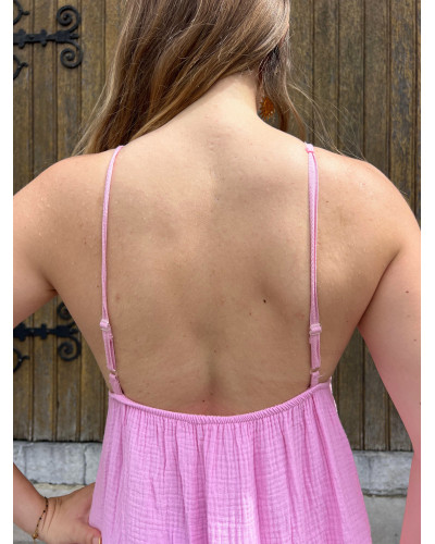 GINETTE | Robe longue rose gaze de coton à bretelles
