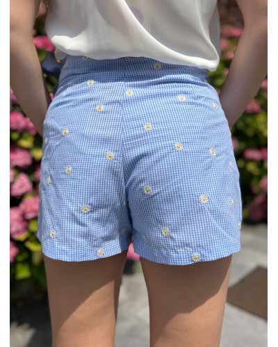 EMMANUELLE | Jupe short vichy bleu avec marguerites
