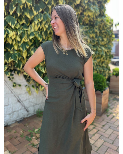 CHARLENE | Robe longue kaki nouée manche courte