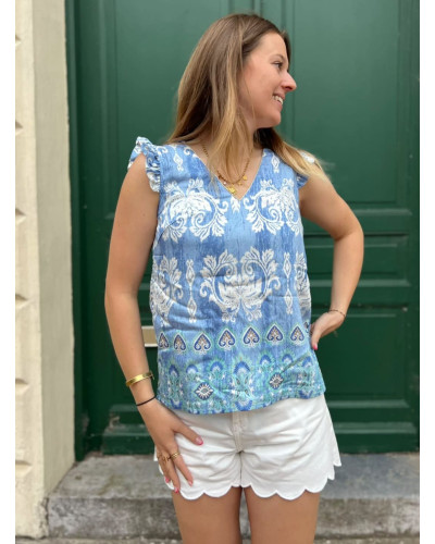 YMEN | Blouse bleu volants sur les épaules motif blanc